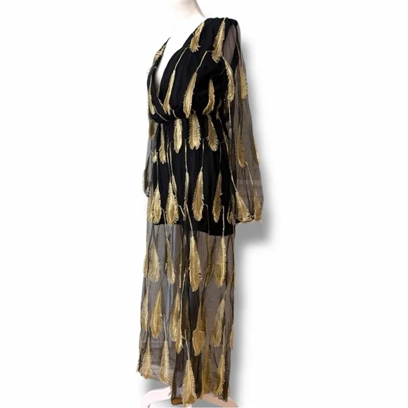 Vintage 90s LAN Classic Metallic Gold 3D Feather Mesh Maxi Romper Festival Glam - Picture 4 of 9